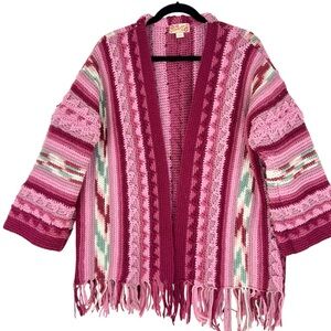 Honeybea Upcycled Vintage Afghan Sweater Cardigan OS Pink